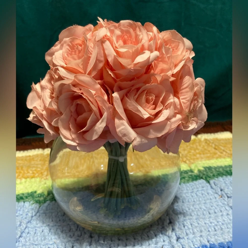 Round Pink Flower Clear Glass Fake Faux Arrangment